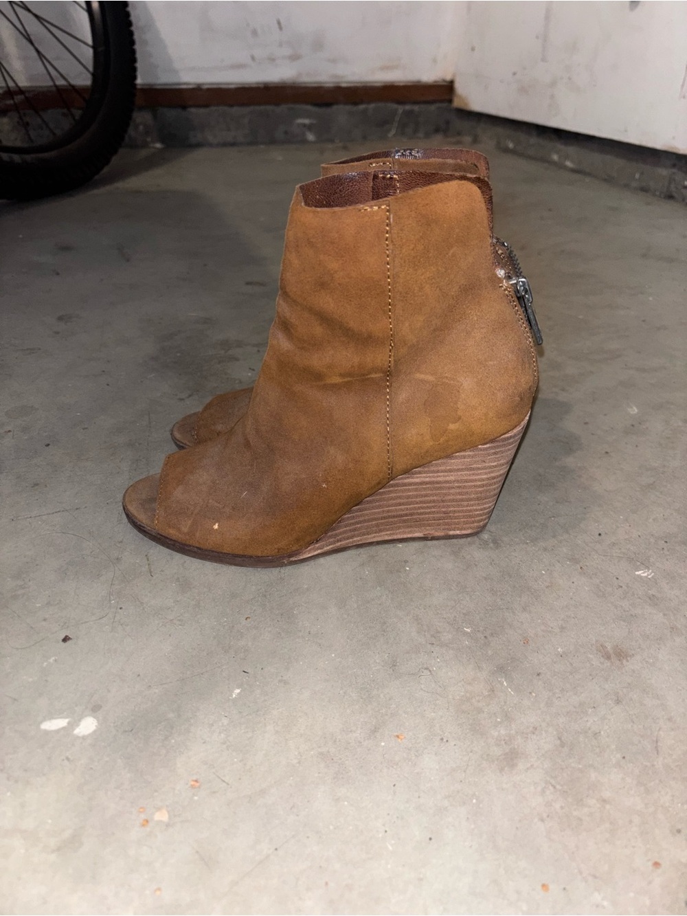 Lucky Brand Tan Suede Peep-Toe Wedge Booties
